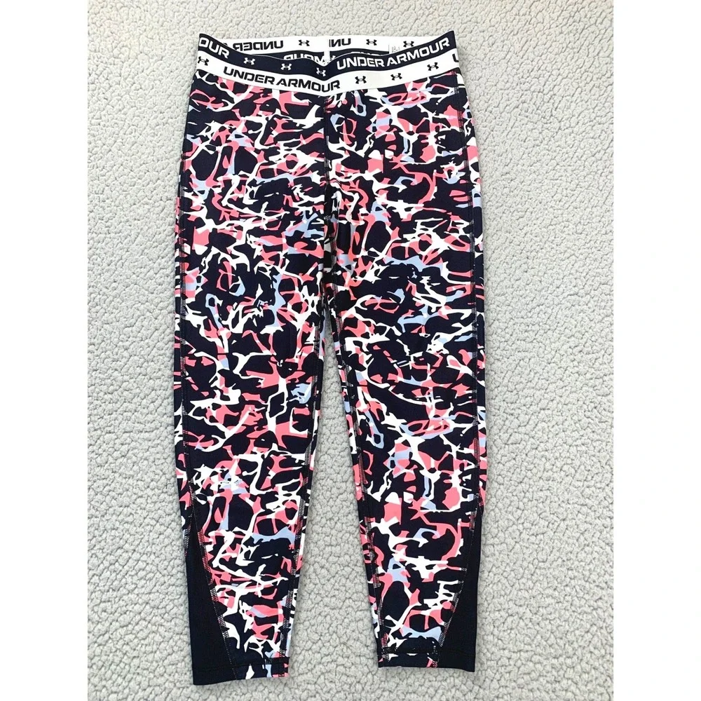 Under Armour Leggings Girls YLG Pink Black Abstract HeatGear Mesh Crop 1362335